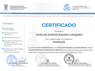 Certificado de Ponente emitido por la Universidad Nacional Jorge Basadre Grohmann