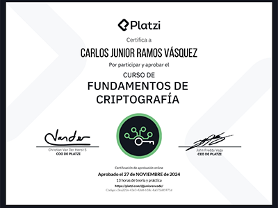 Diploma de Fundamentos de Criptografía emitido por Platzi