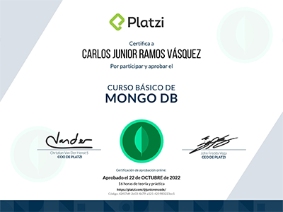 Diploma de MongoDB emitido por Platzi