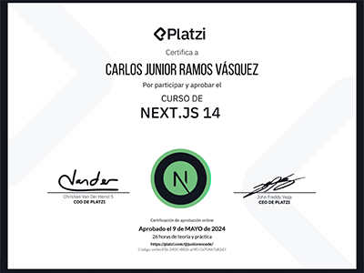 Diploma de Next.js 14 emitido por Platzi