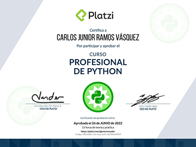 Diploma de Python Profesional emitido por Platzi