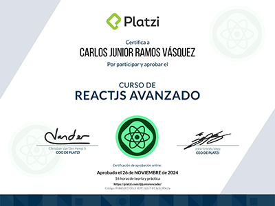 Diploma de React Avanzado emitido por Platzi