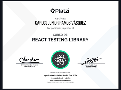 Diploma de React Testing Library emitido por Platzi