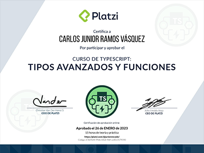 Diploma de TypeScript: Tipos Avanzados emitido por Platzi
